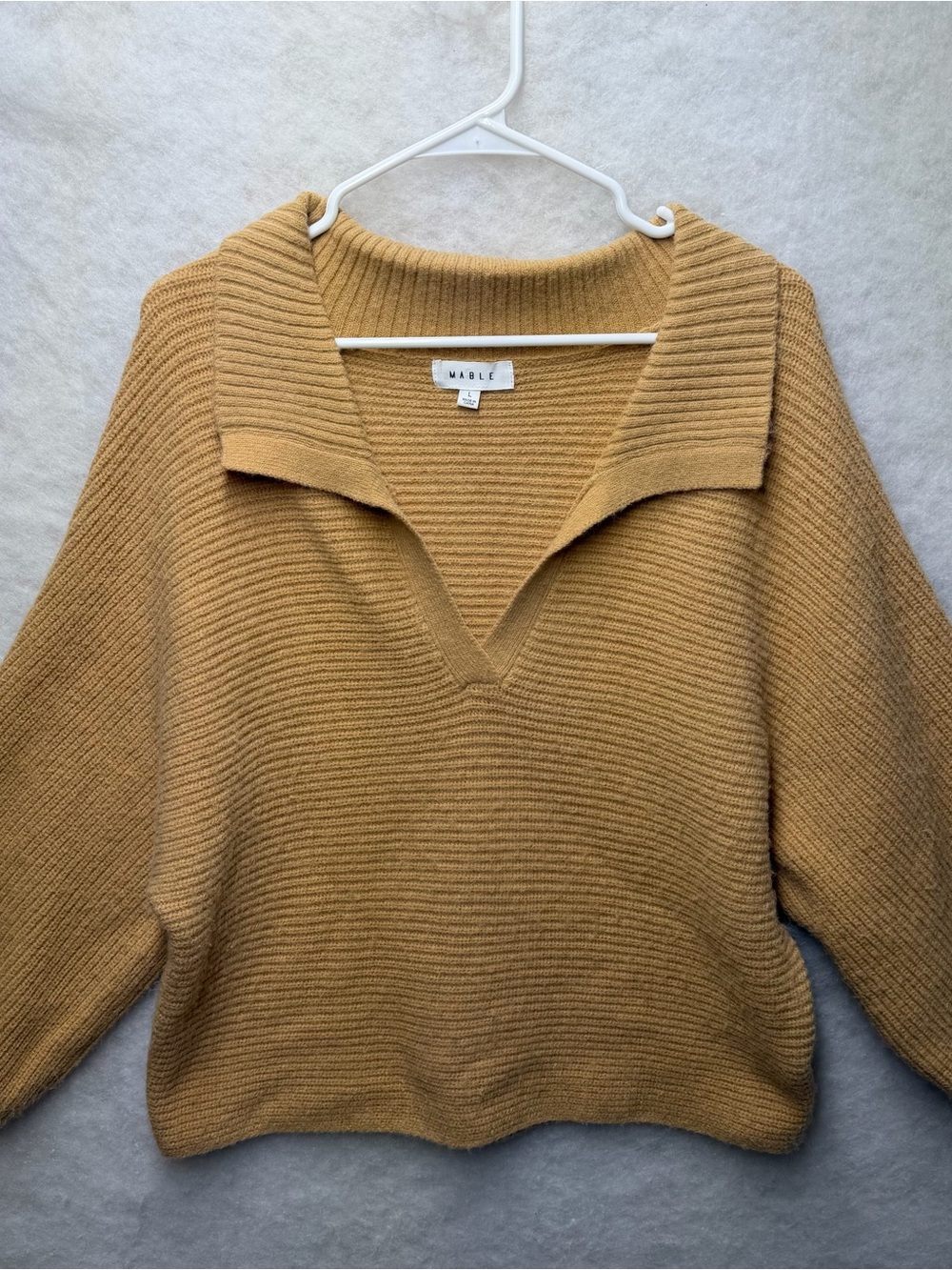 MABLE Womens Oversized Polo Collar Sweater Large Mustard Tan Ribbed V-Neck Knit